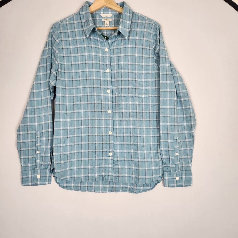 New LL Beans Women's Seacoast Seersucker Big Shirt Medium Silver Blue Plaid